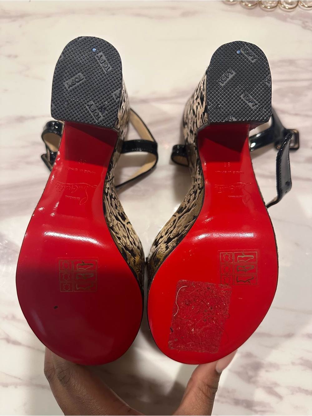 Christian Louboutin Black Patent Leather Platform Sandals with Gold Brocade - Picture 5 of 6